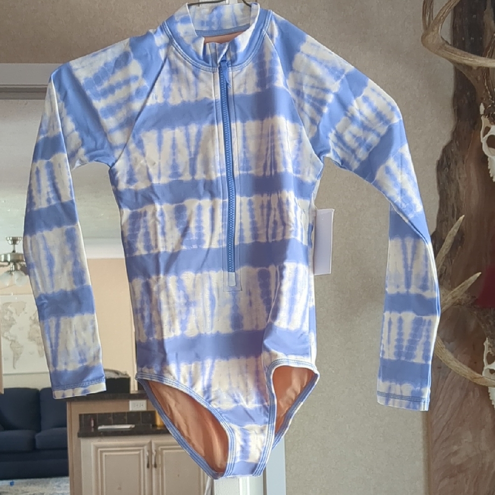 Crewcuts Tie-Dye Long Sleeve Zip One-Piece in Light Blue & Cream